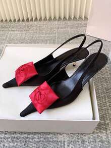 2026 Spring New Pointed Toe Stiletto High Heel Sandals, Sexy Floral Closed Toe Heels, Elegant Quality [Note: The 3D Flowers Are Handmade, The Shape May Vary Randomly] - Red - View 3