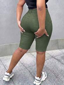 Women's Casual Distressed Elastic Denim Shorts, Suitable For Commuting And Daily Wear, Spring/Summer - Army Green - View 2