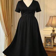 Rometta Elegant Casual V-Neck Pleated Design Short Sleeve Knit Plus Size Women Dress, New Arrival - Burdeos - Ver 4