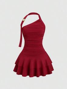 Nuevo estilo de vestido mini para mujer con falda acampanada, decoración de metal en espiral en el cuello halter y la cintura - Burdeos - Ver 1