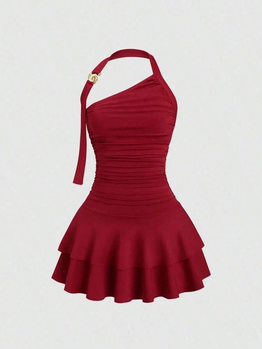 Nuevo estilo de vestido mini para mujer con falda acampanada, decoración de metal en espiral en el cuello halter y la cintura - Burdeos - Ver 1