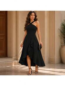 Halter Cocktail Women Dresses Prom Formal Wedding Guest Bridesmaid Ruffled Maxi Hi-Lo Evening Party 2026 Dress - 黑色 - 查看 1