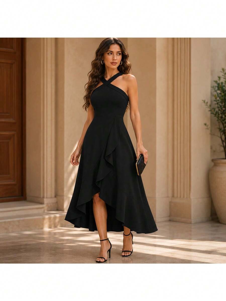 Halter Cocktail Women Dresses Prom Formal Wedding Guest Bridesmaid Ruffled Maxi Hi-Lo Evening Party 2026 Dress - 黑色 - 查看 1