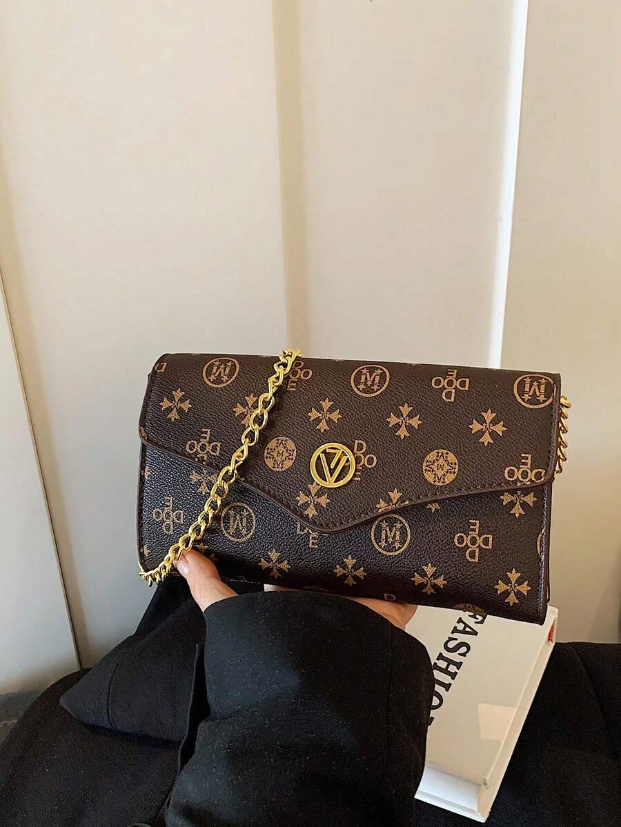 Dedoo PU皮革雙色字母印花休閒單肩包，女款信封包配鏈條肩帶，時尚百搭