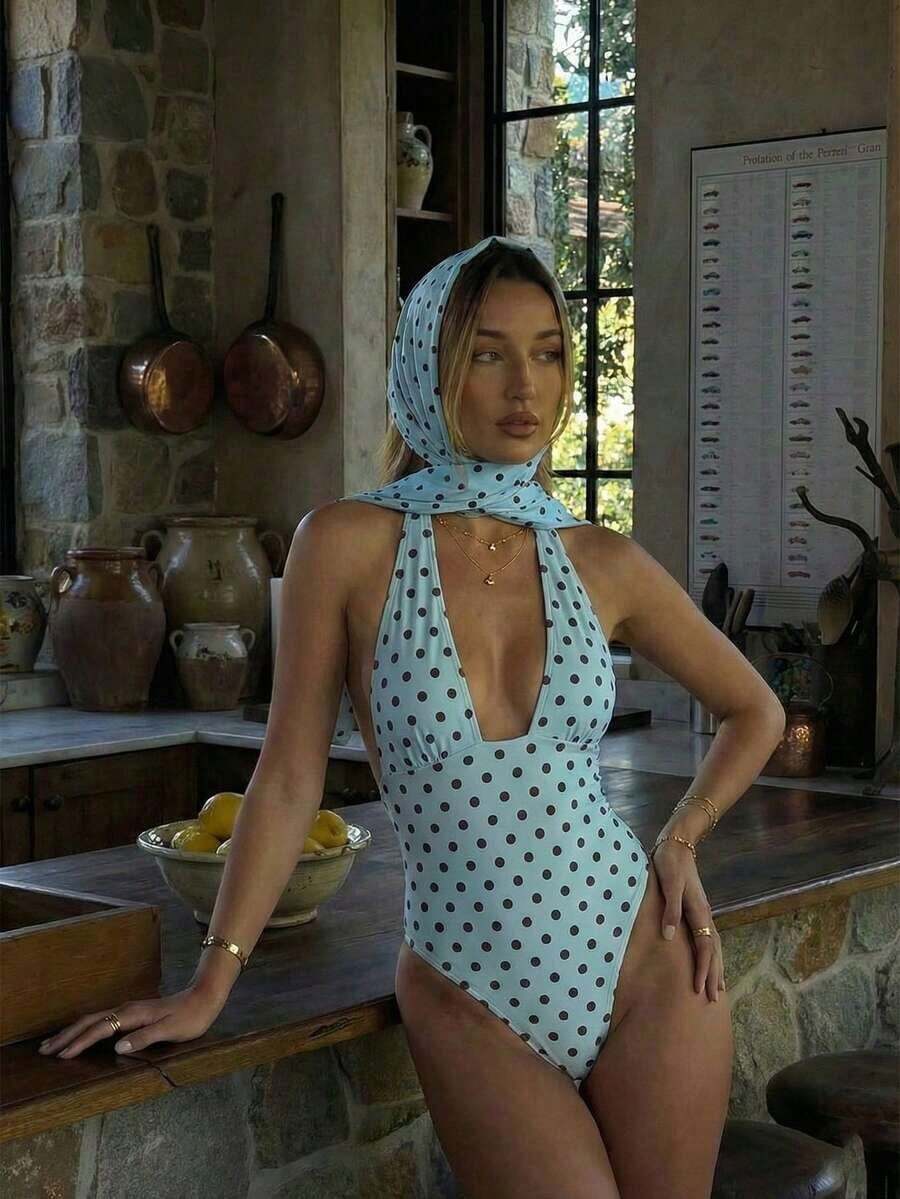 Traje de baño de dos piezas de mujer con lunares sexy, diseño retorcido y asimétrico con espalda descubierta de gasa, traje de baño de una pieza para vacaciones en la playa en verano - Azul cielo - Ver 1