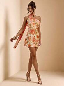 Vestido mini de satén elegante con hombros asimétricos y espalda descubierta en unicolor amarillo crema, vestido mini elegante con estampado, vestido mini sexy con espalda descubierta, vestido mini de satén amarillo con espalda descubierta, vest - Naranja - Ver 7