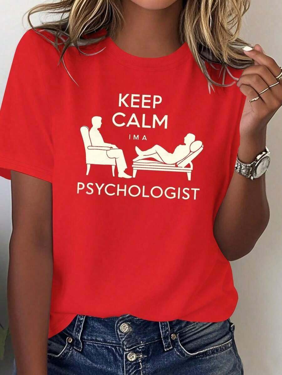 Women's Summer T-Shirts With "KEEP CALM I'M A PSYCHOLOGIST" Print, Solid Color, Comfortable, 100% Cotton. Short Sleeve T-Shirt For Women, Basic Style For Indoor And Outdoor Wear. - 紅色的 - 查看 1