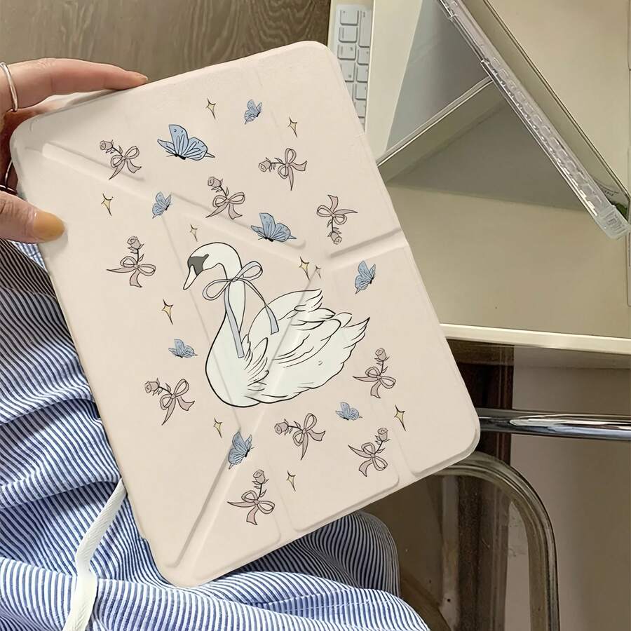 1个精致小众女孩天鹅蝴蝶透明Y型折叠平盖保护套，多角度支架，笔槽，防弯折防摔，适用于iPad 10代/Air4/5/Pro 11英寸/9/8/7代 - 彩色 - 查看 1