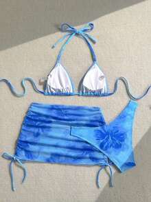 Conjunto de traje de baño de vacaciones para mujer, conjunto de vacaciones de verano para mujer, conjunto de playa para mujer - Azul - Ver 2