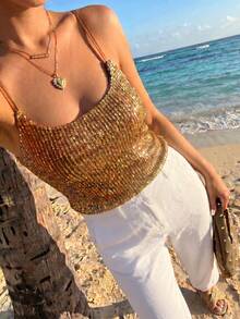 Áo camisole lửng ôm sát, dây mảnh, đính sequin, thanh lịch, đa năng, thích hợp cho hẹn hò, đi club, chất liệu nhẹ và sang trọng. - màu nâu - Xem 5