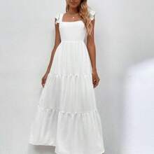 Solid Shirred Detail Ruffle Hem Dress Maxi Vacation Beach Outfits Women - Blanco - Ver 1