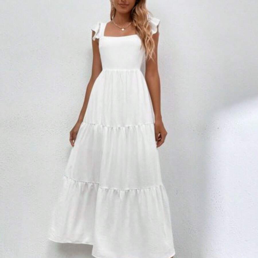 Solid Shirred Detail Ruffle Hem Dress Maxi Vacation Beach Outfits Women - Blanco - Ver 1