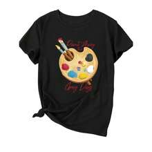 Camiseta de manga corta con estampado bonito para mujer, tejido de punto ligeramente elástico, largo normal, estilo casual para la vuelta al cole. - Negro - Ver 1