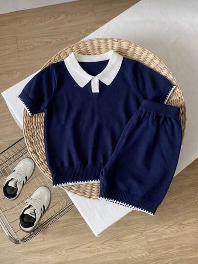2pcs/Set: 1pc Boys' Casual Color Block Polo Collar Knit Pullover Sweater, 1pc Boys' Color Block Knit Shorts, Suitable For Everyday Casual Wear In Spring, Summer, Autumn