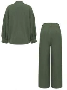 Conjunto de camisa de manga larga con botones metálicos de unicolor y cuello abullonado, y pantalones de pierna ancha versátiles, adecuado para salidas, trabajo, reuniones, elegante y estiloso atuendo de primavera para ir al trabajo - Verde Oliva - Ver 6