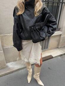 Chaqueta de cuero negra de textura de litchi, minimalista y versátil, nueva llegada de moda para mujer en otoño/primavera - Negro - Ver 8