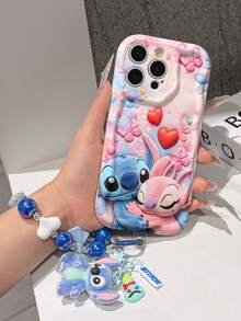 Disney Has Authorized, Phone Case - Chain Set, The Stitch Lilo & Stitch 3D Phone Case Plus A Silicone 3D Stitch Bracelet With Metallic Ring Removable Bracelet, Stitch And Angel Pattern, Compatible With Iphone17/16/15/14/13/12/11/XS/XR/X Plus Pro Max, A Stylish Cartoon Phone Case, The Perfect Gift Choice, Phone Protection, Durable Phone Cover, Great Gift For Friends And Family. - 白色 - 查看 4