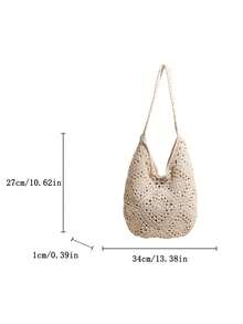 Bolso de mano grande con capacidad de carga, de estilo tejido y calado con inspiración natural, versátil para playa, vacaciones de verano y uso casual - Oro rosa - Ver 9