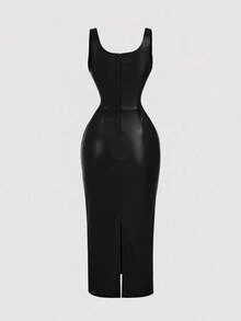 Women's Solid Color Sleeveless Fitted PU Dress, Suitable For Commuting - Marrón - Ver 7