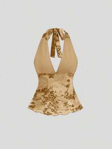 Camiseta de tirantes con cuello halter y estampado romántico retro para mujer - Albaricoque - Ver 2