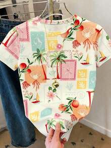 Camiseta de mujer de manga corta con cuello redondo y estampado de rayas casual - Multicolor 3 - Ver 4