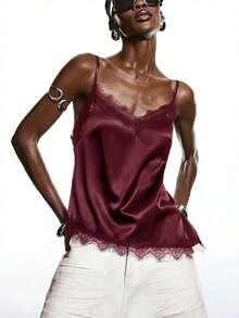 2026 Nueva Blusa Minimalista de Primavera para Mujer de Satén Color Albaricoque con Encaje, Elegante Camisola con Ribete de Encaje, Adecuada para Primavera/Verano; Camisa Elegante, Adecuada para Fiestas, Primavera, Navidad, Año Nuevo, etc.; Elegante - Burdeos - Ver 7