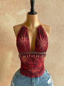 Top sin espalda con cuello halter y textura vintage para mujer, verano - Rojo - Ver 3