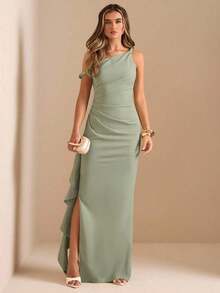 de dama de honor de otoño/invierno, vestido largo elegante con pliegues, abertura alta, volantes y hombros oblicuos con nudo retorcido y sin tirantes, sexy para fiestas - Verde - Ver 6