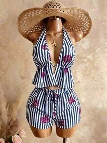 Conjunto de verano sexy, lindo y elegante romántico con top de tirantes con cuello en V profundo de lino a rayas blancas y caqui, emparejado con shorts casuales de playa de cintura con cordón, color rosa - Azul largo - Ver 4