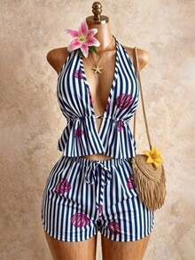Conjunto de verano sexy, lindo y elegante romántico con top de tirantes con cuello en V profundo de lino a rayas blancas y caqui, emparejado con shorts casuales de playa de cintura con cordón, color rosa - Azul largo - Ver 7