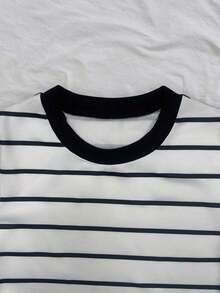 Vestido de mujer de manga corta con cuello redondo y rayas versátil - Blanco y Negro - Ver 4