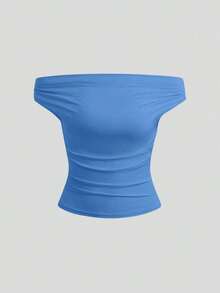 1 pieza Blusa de hombro caído plisada de moda para vacaciones - Multicolor 17 - Ver 4