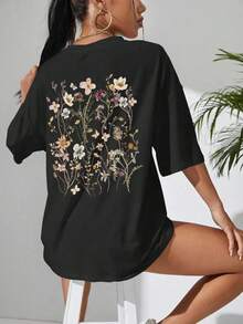 Camisetas de algodón para mujer con estampado de hermosos racimos de flores, informales, transpirables, suaves, de manga corta, holgadas y cómodas, ropa de calle. - Negro - Ver 6