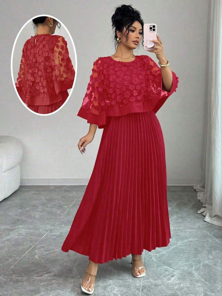 Vestido con decoración floral elegante y bajo plisado, adecuado para bodas, fiestas de cumpleaños y otras ocasiones, otoño - Rojo 2 - Ver 1