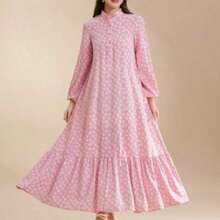 Najma Women Spring Casual Vacation Lantern Sleeves Loose Dress With Floral Print, Ruffle Hem And Small Flower Print, Modest - Rosa vieja - Ver 1
