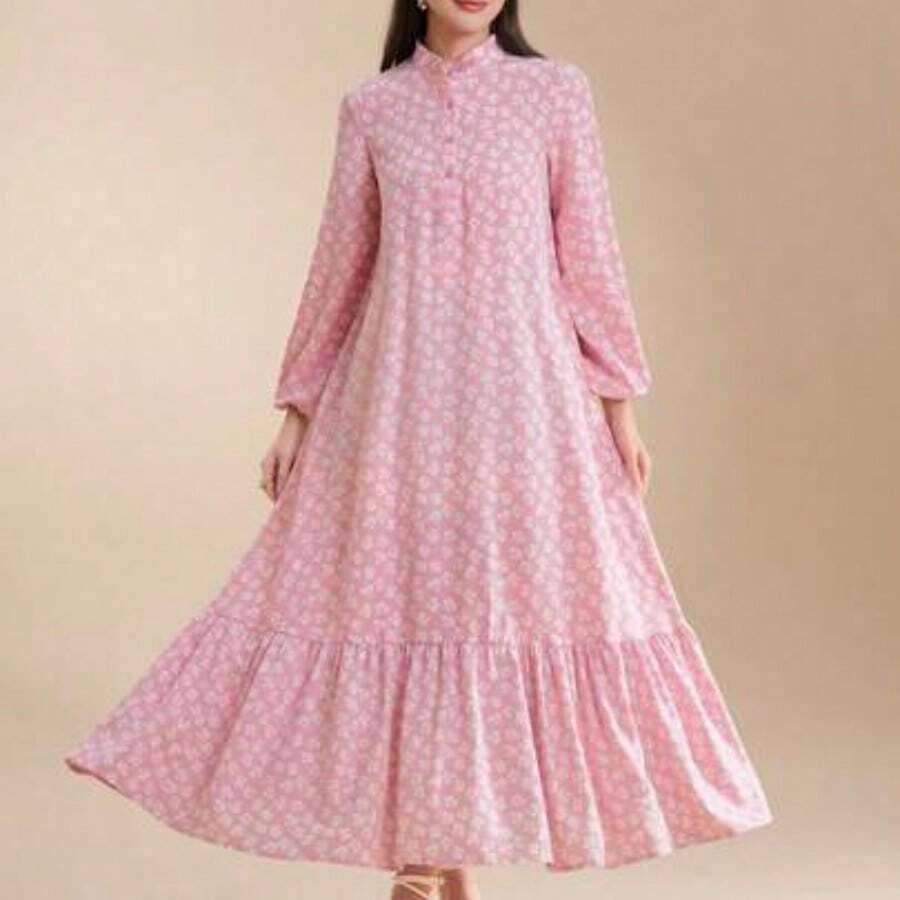 Najma Women Spring Casual Vacation Lantern Sleeves Loose Dress With Floral Print, Ruffle Hem And Small Flower Print, Modest - Rosa vieja - Ver 1