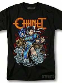 Camiseta de Chun-Li, Camiseta Gamer con Patrón de Estilo Japonés Anime - Negro - Ver 1