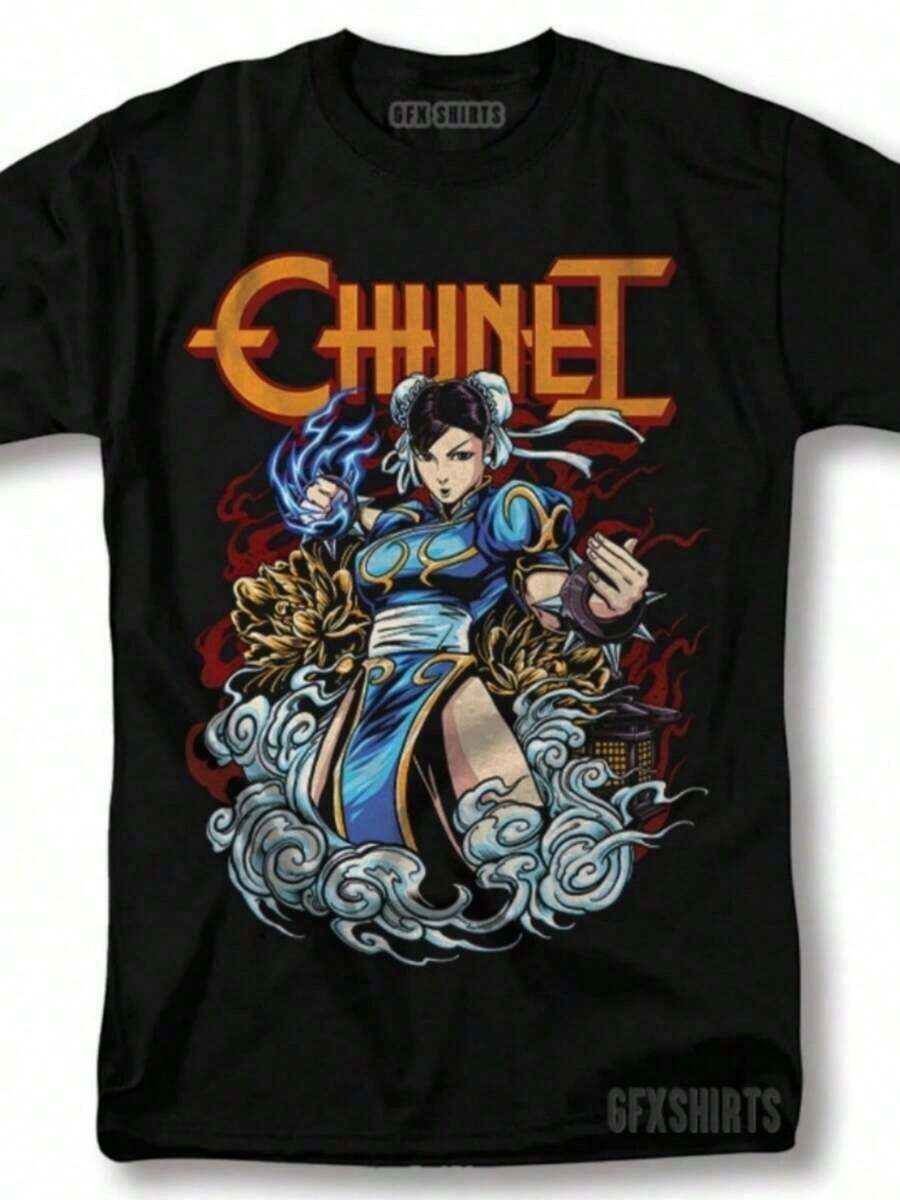 Camiseta de Chun-Li, Camiseta Gamer con Patrón de Estilo Japonés Anime - Negro - Ver 1