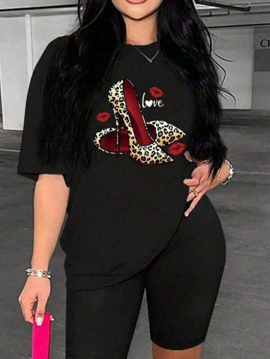Camiseta Genial Casual de Nueva Moda para Mujer, con Estampado de Elementos del Día de San Valentín, Cuello Redondo, Conjuntos Elegantes para Mujer, Camisas para Mujer, Ropa de Vacaciones para Mujer, Moda de Verano - Negro - Ver 1