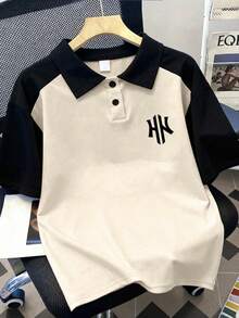 Youth Boys' Short Sleeve Polo Shirt, Graphic Print, Apricot & Black Color Block Raglan Sleeve Design, Polo Collar With Double Button Closure - Apricot - View 1