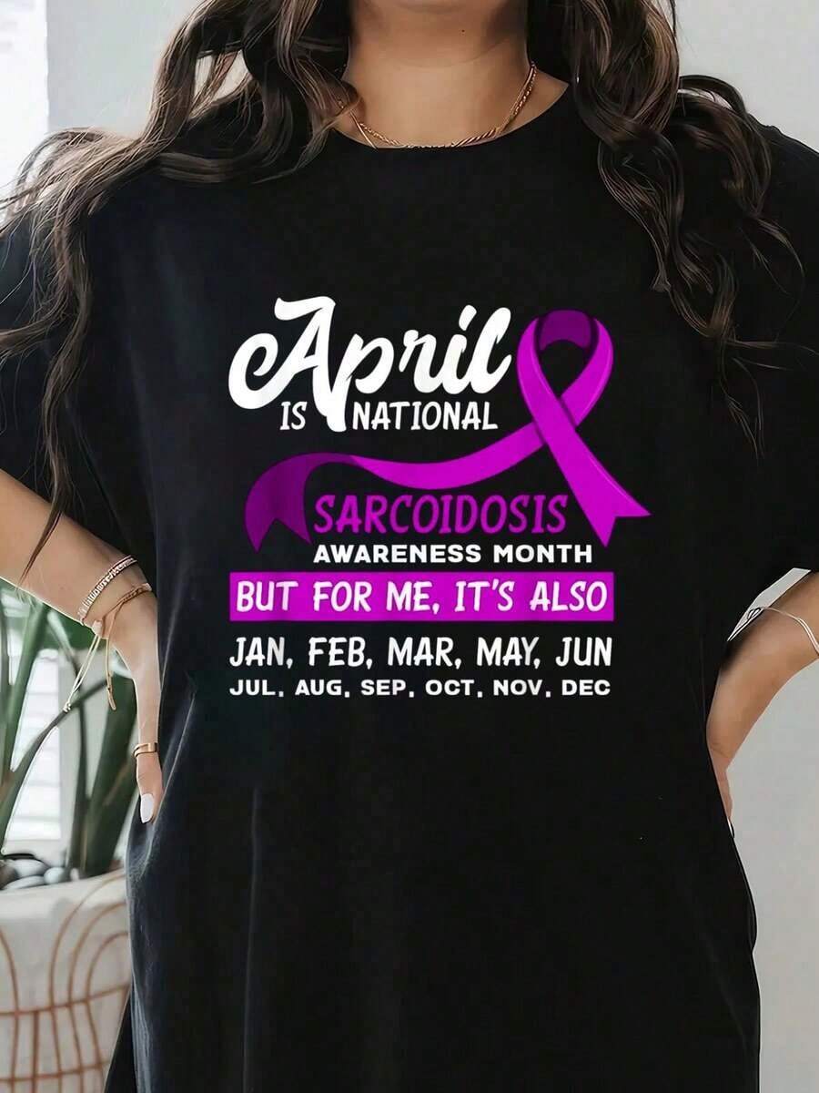El mes de abril es el mes nacional de concientización sobre la sarcoidosis. Camiseta de sarcoidosis de manga corta y cuello redondo, estilo casual para verano y primavera, ropa de mujer - Estilo callejero vintage, unisex, holgada, de algodón, manga corta, cuello redondo, 100% algodón. - Negro - Ver 1