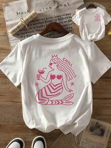 Camiseta Casual de Manga Corta con Cuello Redondo para Mujer - Estampado de Sirena y Geométrico, Blanca con Gráfico Rosa, Corte Holgado, Lavable a Máquina, Esencial para Primavera Verano, Comodidad Diaria, Camiseta con Estampado Duradero, Estilo Y2k - Blanco - Ver 10