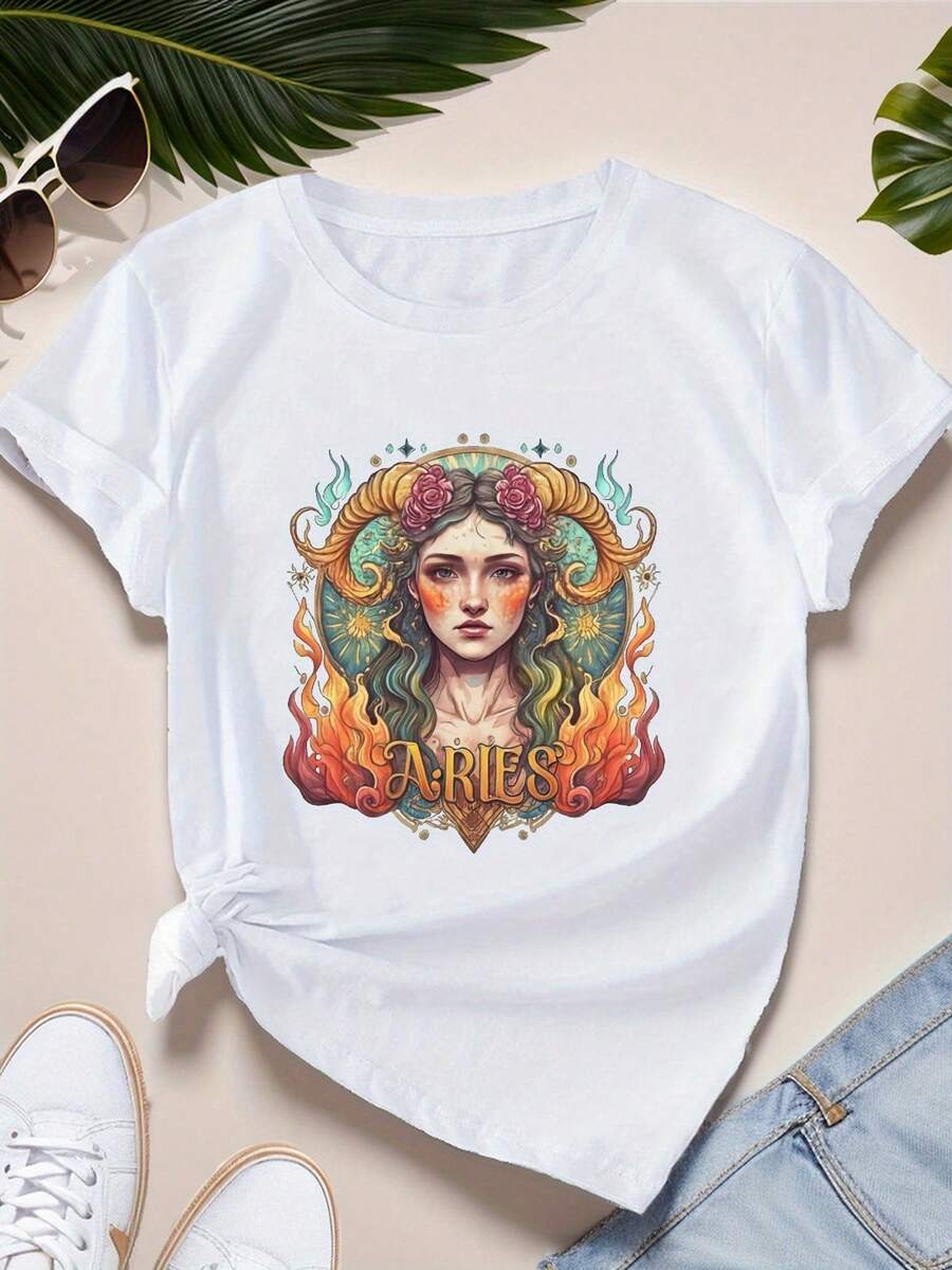 Camiseta Deportiva de Manga Corta para Mujer, Talla Grande, con Ilustración Colorida de Aries - Blanco - Ver 1