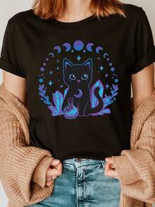 Women's Kawaii Goth Witchy Black Cat T-Shirt - Crystal Alchemy Goth Subculture Top, Short Sleeve Round Neck Casual Summer Spring, Kawaii Cat Ladies Clothing - 黑色 - 查看 7