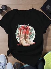 Botas de vaquero Bow de las mujeres más tamaño deportes manga corta camiseta - Negro - Ver 2