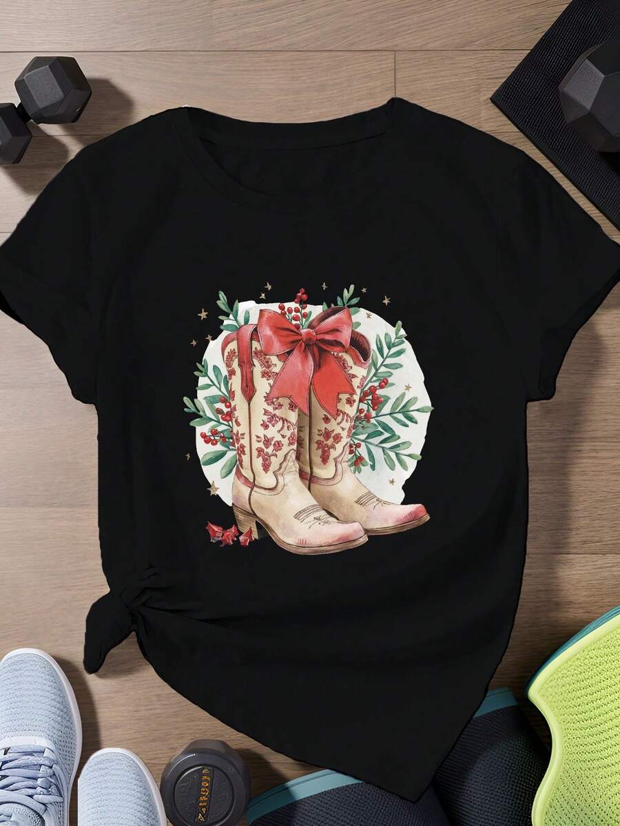 Botas de vaquero Bow de las mujeres más tamaño deportes manga corta camiseta