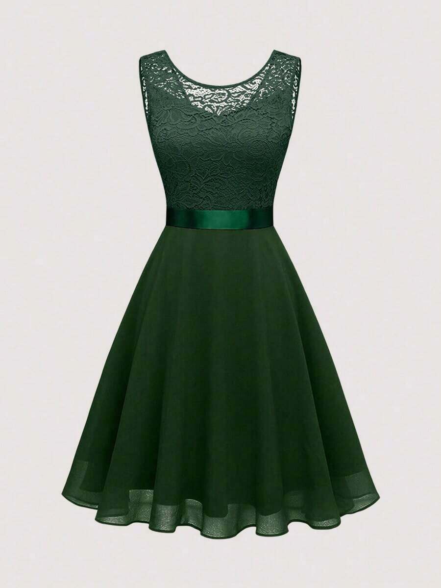 Vestido de encaje rosa sin mangas para mujer, de verano - Verde Oscuro - Ver 1