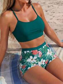 Swim Conjunto de bikini casual con estampado de plantas tropicales con kimono corto de manga corta como cubridor para verano - Multicolor - Ver 2