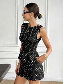 2 piezas Conjunto casual de mujer con blusa con volantes y lunares y shorts - Negro - Ver 4