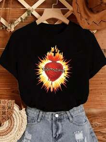 1 Camiseta de Moda Casual para Hombre y Mujer, Estampada con Corazón de Fuego y Corona de Espinas, Diseño Original y Moderno, Ideal para Uso Diario y Ocasiones Especiales. Versátil, fácil de combinar, adecuada para el uso cotidiano, estilo urbano, conjuntos de vacaciones, conjuntos de fin de semana. - Negro - Ver 7